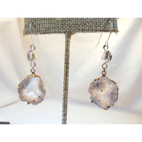 Natural Geode Slice Quartz Druzy Herkimer Diamond Sterling Silver Earrings - Picture 8 of 8